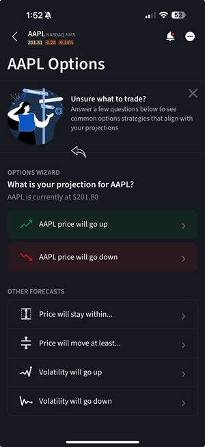 The options wizard select forecast screen on the iPhone